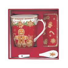 Picture of GINGERBREAD RED MUG GIFT SET WITH COASTER AND SPOON IN PORCE